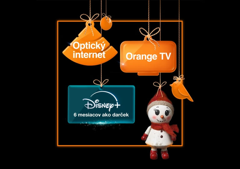 vianočné ozdoby s textom Optický internet, Orange TV a Disney plus