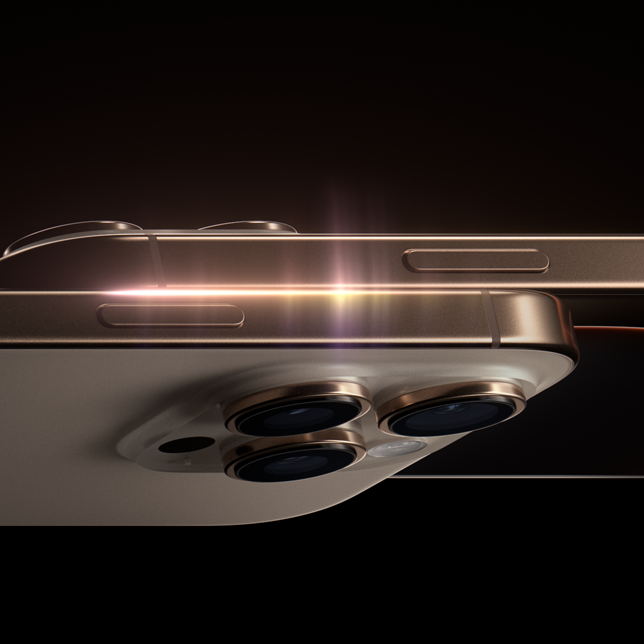 Dva modely iPhonu 16 Pro, pohľad zboku, bočné tlačidlo, vystúpená sústava profesionálnych kamier