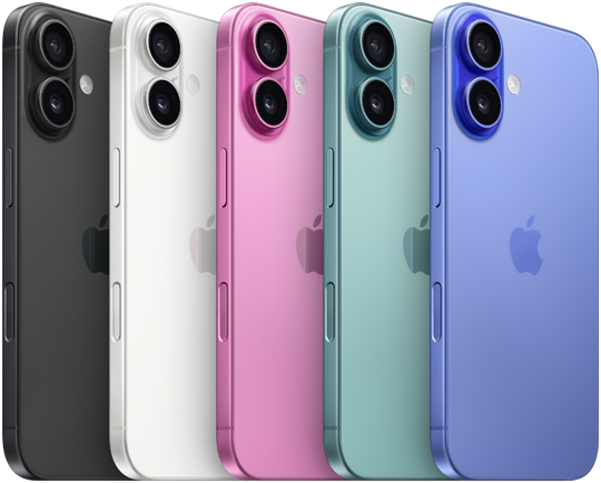 iPhone 16, zadná vonkajšia strana, vystúpená vyspelá sústava dvoch kamier, logo Apple v strede, všetkých päť prevedení, čierna, biela, ružová, modrozelená, ultramarínová