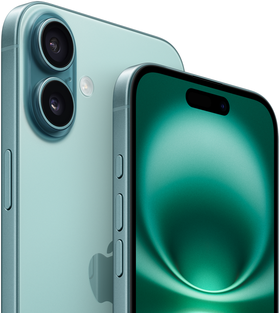 iPhone 16 Plus a iPhone 16, akčné tlačdlo, tlačidlá hlasitosti, bočné tlačidlo a ovládanie kamery, predný vonkajší celoplošný dizajn, Dynamic Island hore v strede, zadná vonkajšia strana, modrozelené prevedenie, vystúpená vyspelá sústava dvoch kamier v ľavom hornom rohu, logo Apple v strede
