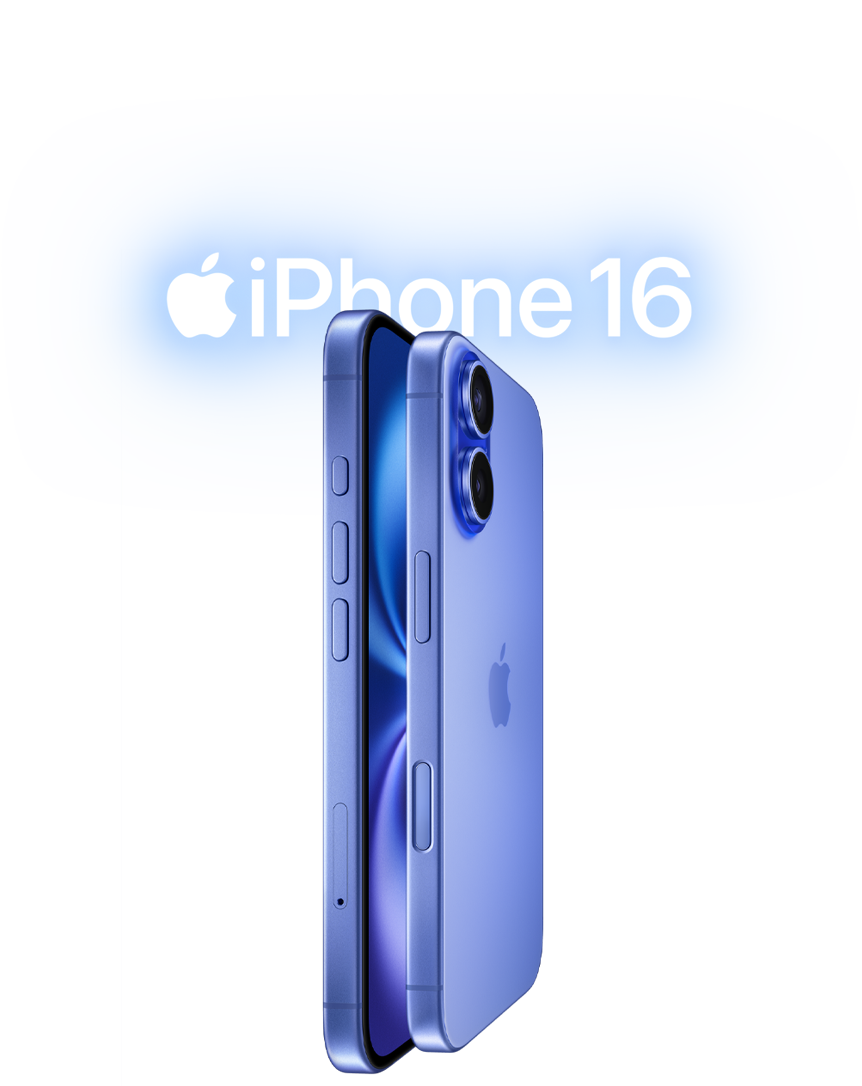 Dve zariadenia iPhone 16, bočná vonkajšia strana, naukladané displejmi k sebe, v ultramarínovom prevedení, tlačidlá hlasitosti, akčné tlačidlo, bočné tlačidlo, tlačidlo ovládania kamery, logo Apple v strede, vystúpená vyspelá sústava dvoch kamier