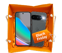 oranžová nákupná taška v ktorej sa nachádzajú telefóny so štítkom Black Friday