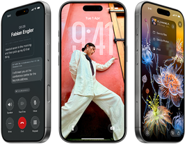 3 modely iPhonu 17 Pro spredu, vedľa seba, zobrazuje iOS 26, efekt Liquid Glass a funkciu Apple Intelligence