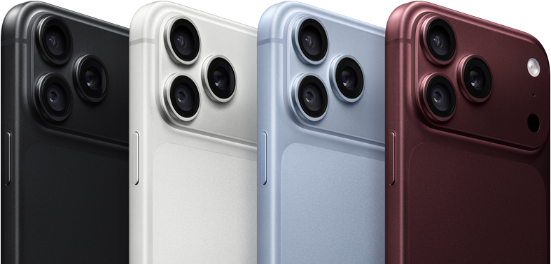 iPhony 18 Pro v rade, pohľad zozadu, všetky štyri farby: burgundská, ľadovcová, strieborná, čierna, sústava profesionálnych kamier Fusion v ľavom hornom rohu, tri objektívy, mikrofón, blesk