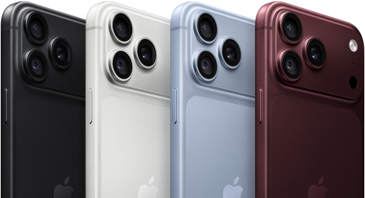 iPhony 18 Pro v rade, pohľad zozadu, všetky štyri farby: burgundská, ľadovcová, strieborná, čierna, sústava profesionálnych kamier Fusion v ľavom hornom rohu, tri objektívy, mikrofón, blesk