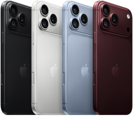 iPhony 18 Pro v rade, pohľad zozadu, všetky štyri farby: burgundská, ľadovcová, strieborná, čierna, sústava profesionálnych kamier Fusion v ľavom hornom rohu, tri objektívy, mikrofón, blesk