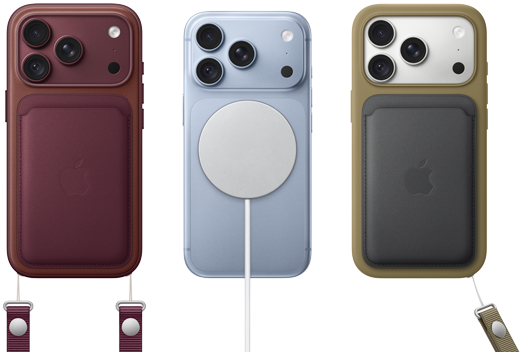 iPhone 18 Pro, pohľad zozadu, burgundská farba, peňaženka z tkaniny FineWoven s MagSafe v burgundskej farbe; iPhone 18 Pro, pohľad zozadu, ľadovcová farba, s nabíjačkou MagSafe; iPhone 18 Pro, pohľad zozadu, strieborná farba, so zeleným silikónovým krytom a peňaženkou MagSafe