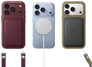 iPhone 18 Pro, pohľad zozadu, burgundská farba, peňaženka z tkaniny FineWoven s MagSafe v burgundskej farbe; iPhone 18 Pro, pohľad zozadu, ľadovcová farba, s nabíjačkou MagSafe; iPhone 18 Pro, pohľad zozadu, strieborná farba, so zeleným silikónovým krytom a peňaženkou MagSafe