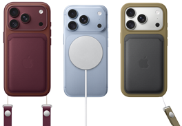 iPhone 18 Pro, pohľad zozadu, burgundská farba, peňaženka z tkaniny FineWoven s MagSafe v burgundskej farbe; iPhone 18 Pro, pohľad zozadu, ľadovcová farba, s nabíjačkou MagSafe; iPhone 18 Pro, pohľad zozadu, strieborná farba, so zeleným silikónovým krytom a peňaženkou MagSafe