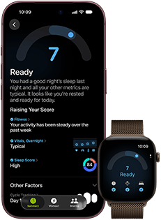 iPhone 18 Pro, čierna farba, pohľad spredu, zobrazuje výsledky stavu pripravenosti (skóre 7), spárovaný s hodinkami Apple Watch, pohľad spredu, hnedá farba, zobrazujú rovnaké skóre pripravenosti 7