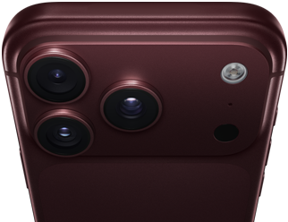 iPhone 18 Pro Max, burgundská farba (tmavočervená), pohľad zozadu, sústava profesionálnych kamier Fusion navrchu, tri objektívy, čiastočne zatvorené lamely variabilnej clony, blesk, mikrofón a skener LiDAR, pohľad zhora, anténa mobilného pripojenia, ploché bočné strany, zaoblené hrany