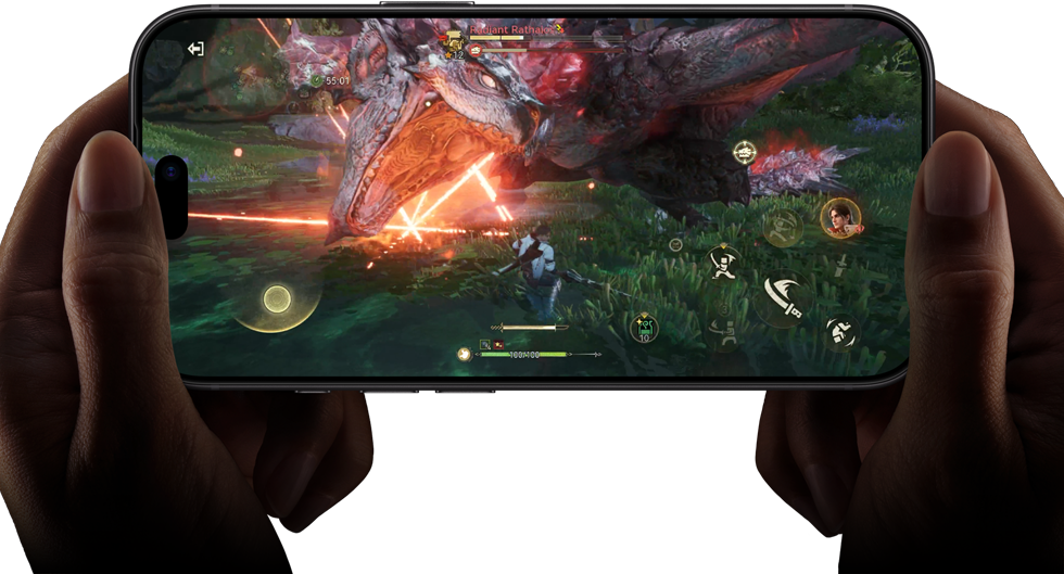 Pohľad spredu na iPhone 18 Pro znázorňujúci výkon čipu A20 Pro so scénou z hry Monster Hunter Outlanders