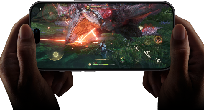 Pohľad spredu na iPhone 18 Pro znázorňujúci výkon čipu A20 Pro so scénou z hry Monster Hunter Outlanders
