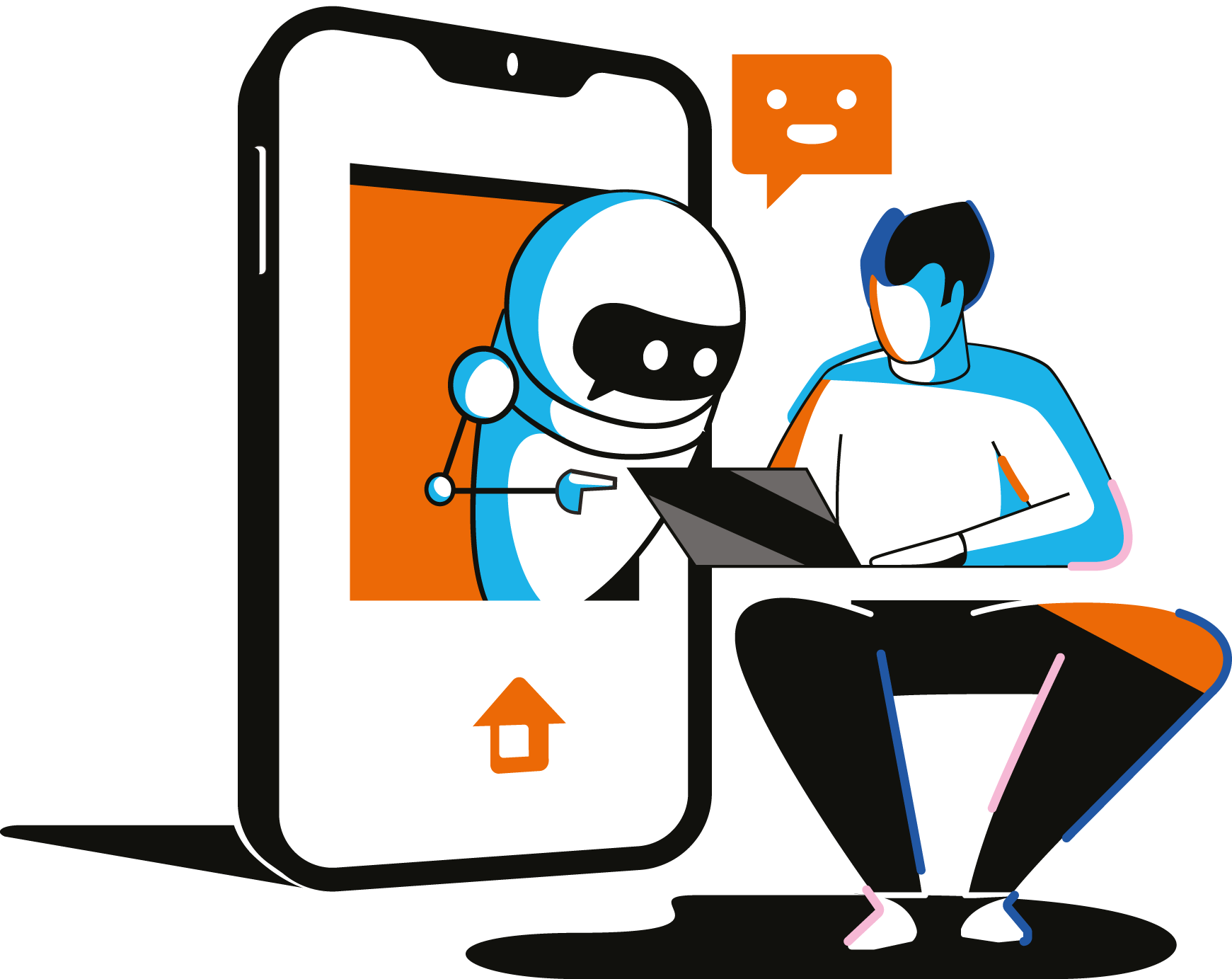 Robot leaning from big mobile phone helping sitting guy looking into notebook.