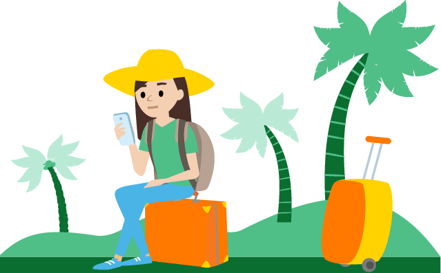 ilustrácia ženy s mobilom na dovolenke