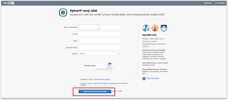 nápomocný obrázok k vytvoreniu ESET účtu