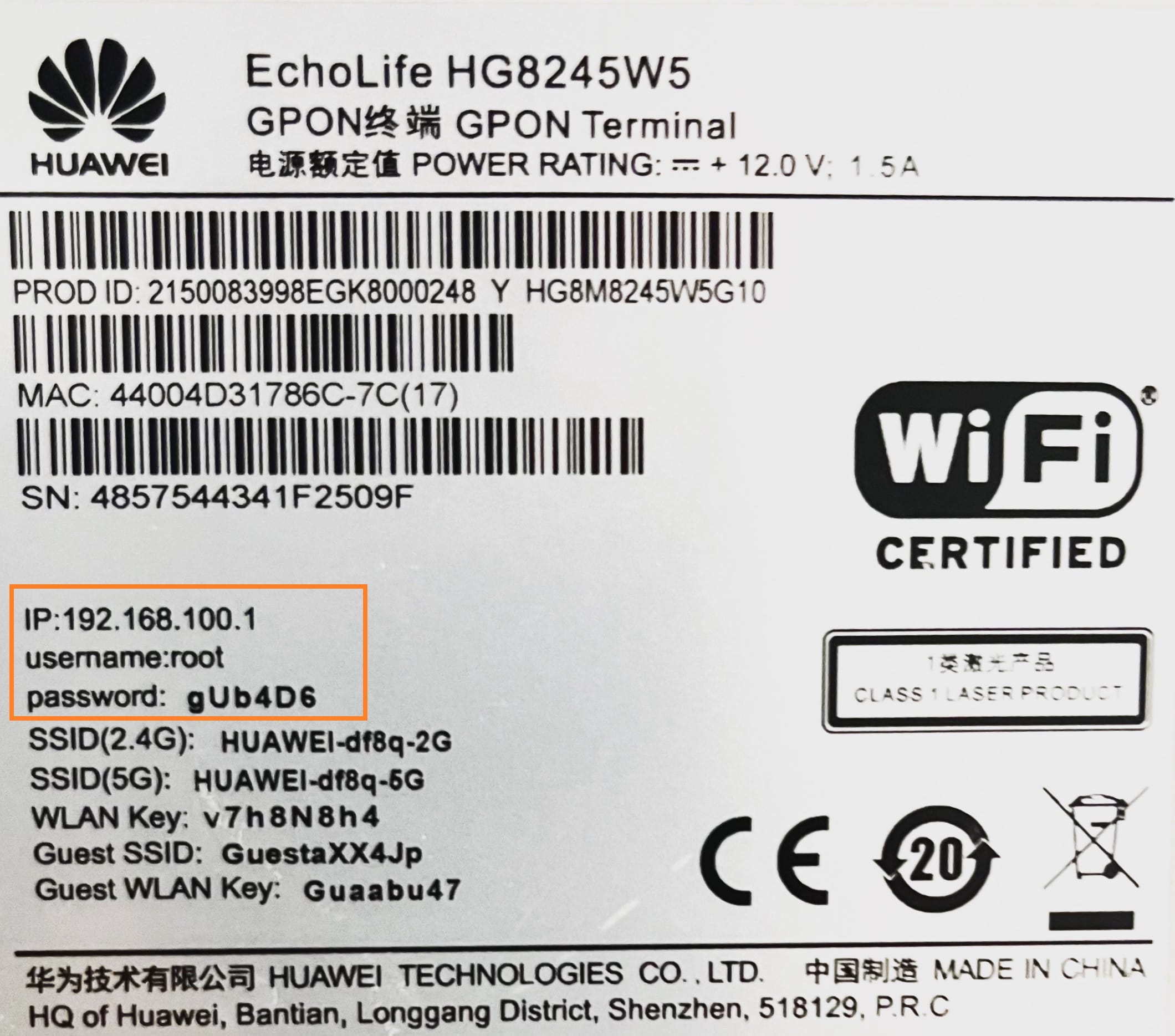 Huawei EchoLife HG8245W5 - štítok