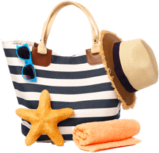 dovolenková taška, slamený klobúk, hviezdica a uterák