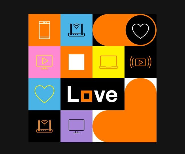 grafika s ikonami zariadení a nápisom Love na čiernom pozadí