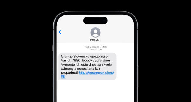 ukážka podvodnej smsky s textom: Orange Slovensko upozornuje: Vasich 7980 bodov vyprsi dnes. Vymente ich este dnes za skvele odmeny a nenechajte ich prepadnut! + falošná url