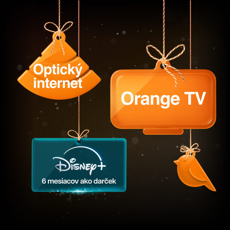 vianočné ozdoby s textom Optický internet, Orange TV a Disney+