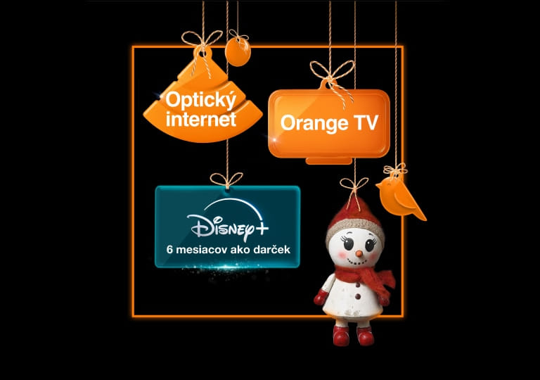 vianočné ozdoby s textom Optický internet, Orange TV a Disney+