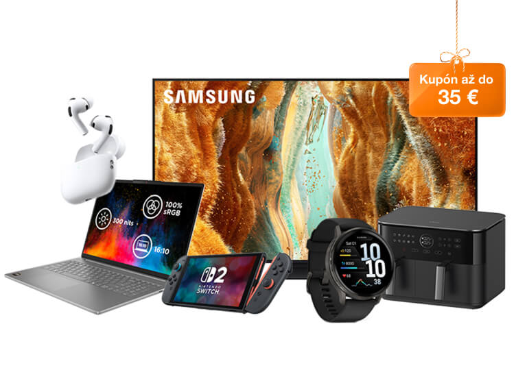 rôzne zariadenia a štítok s nápisom Kupón až do 35 eur