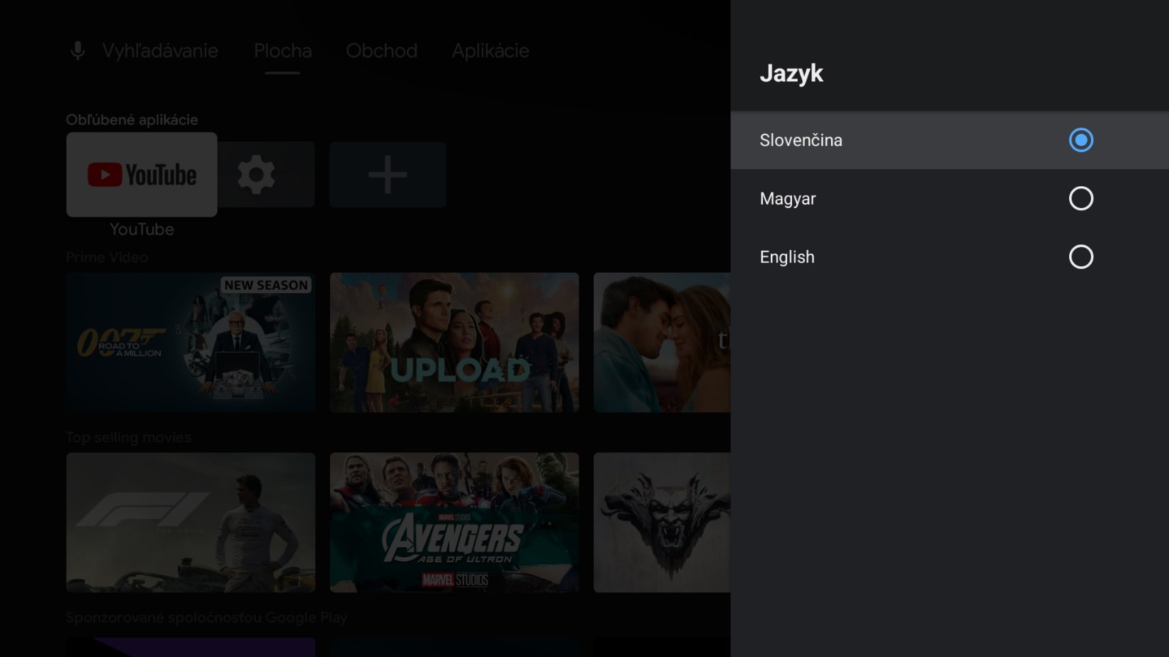 obrazovka s nastavením jazyka