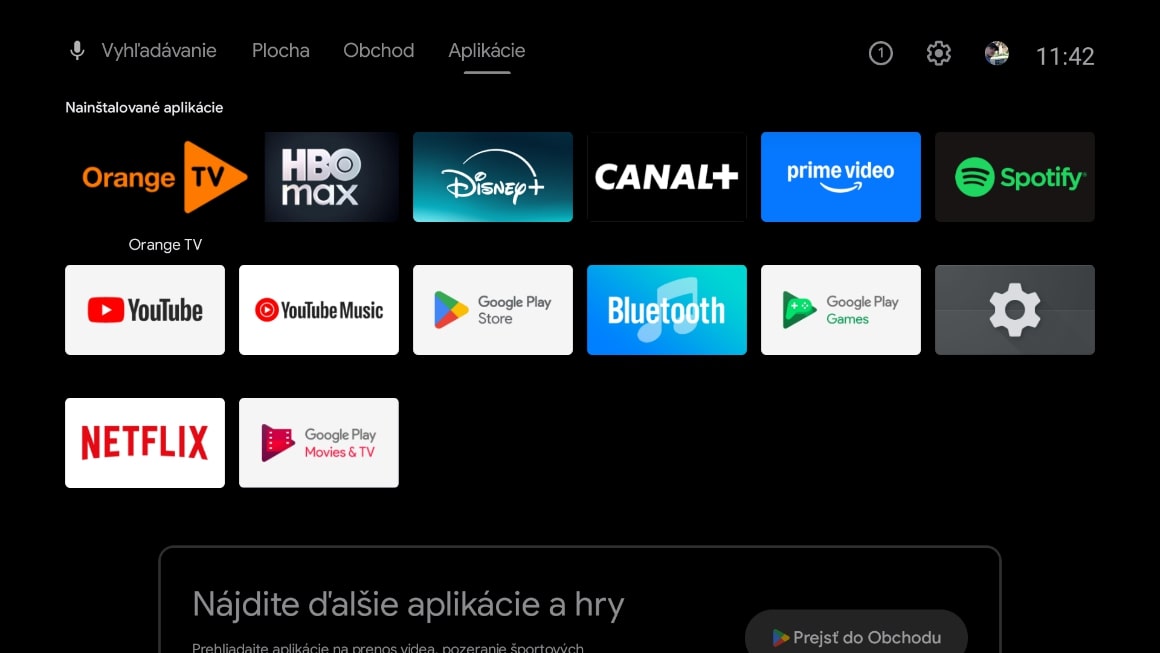 obrazovka nainštalovaných aplikácií set-top boxu