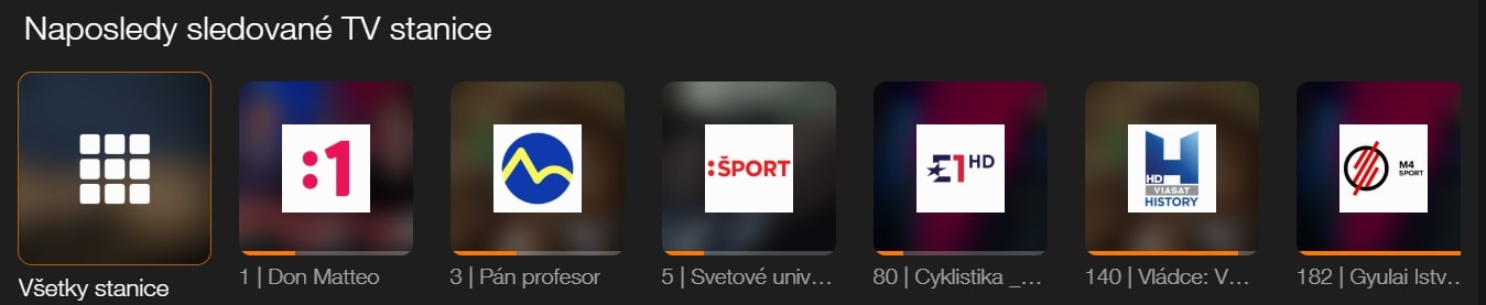obrazovka Naposledy sledované TV stanice