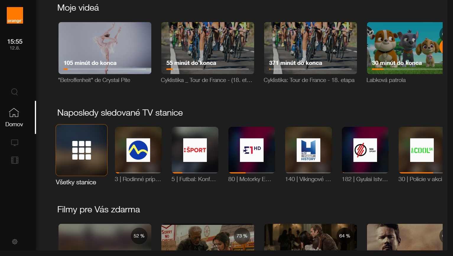 domovská obrazovka set-top boxu