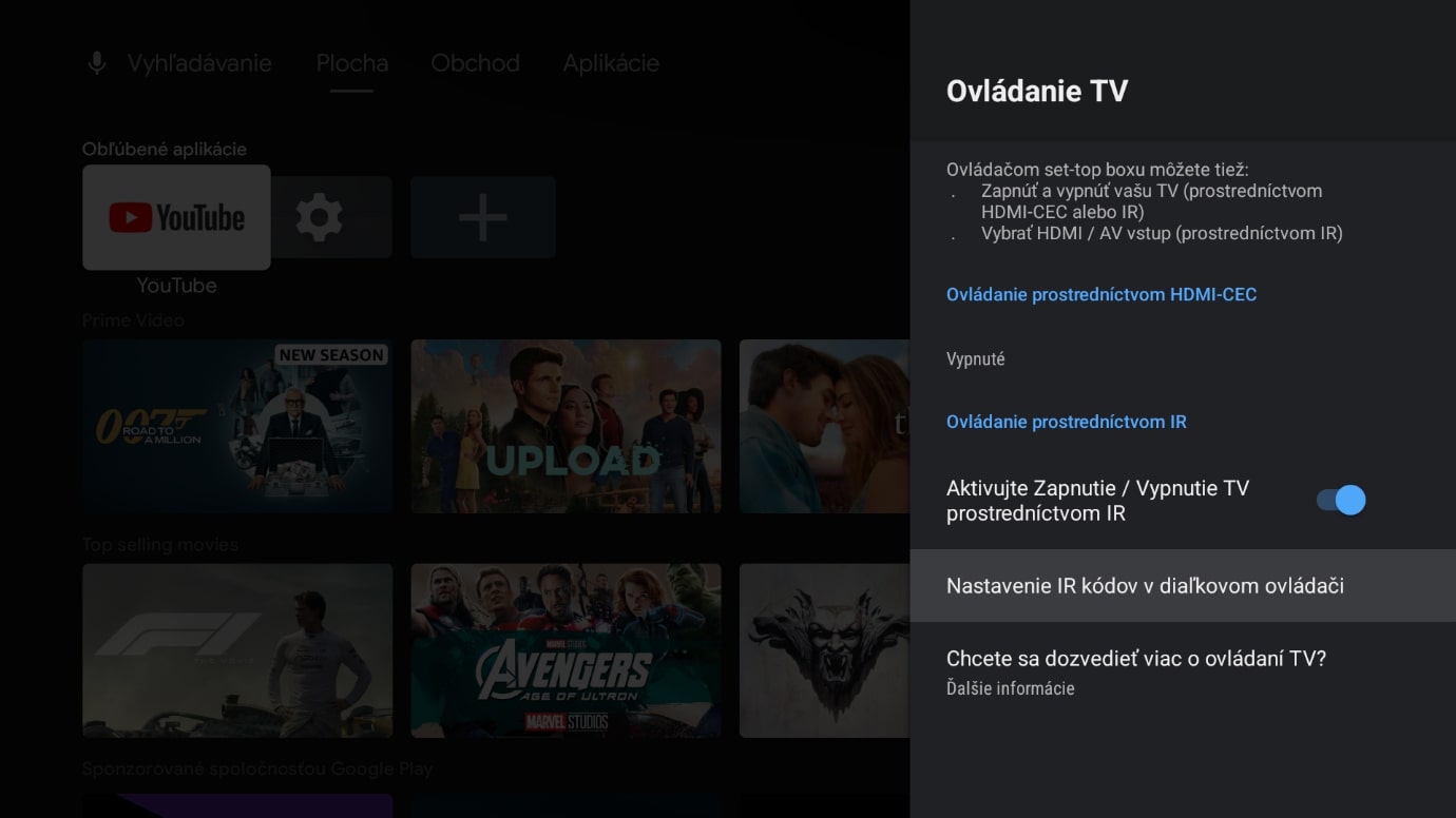 obrazovka s nastavením televízneho ovládača