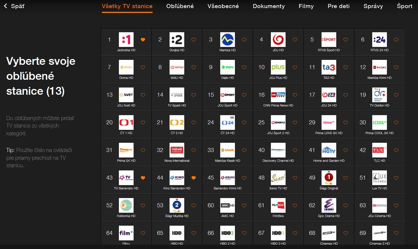 obrazovka s obľúbenými televíznymi stanicami