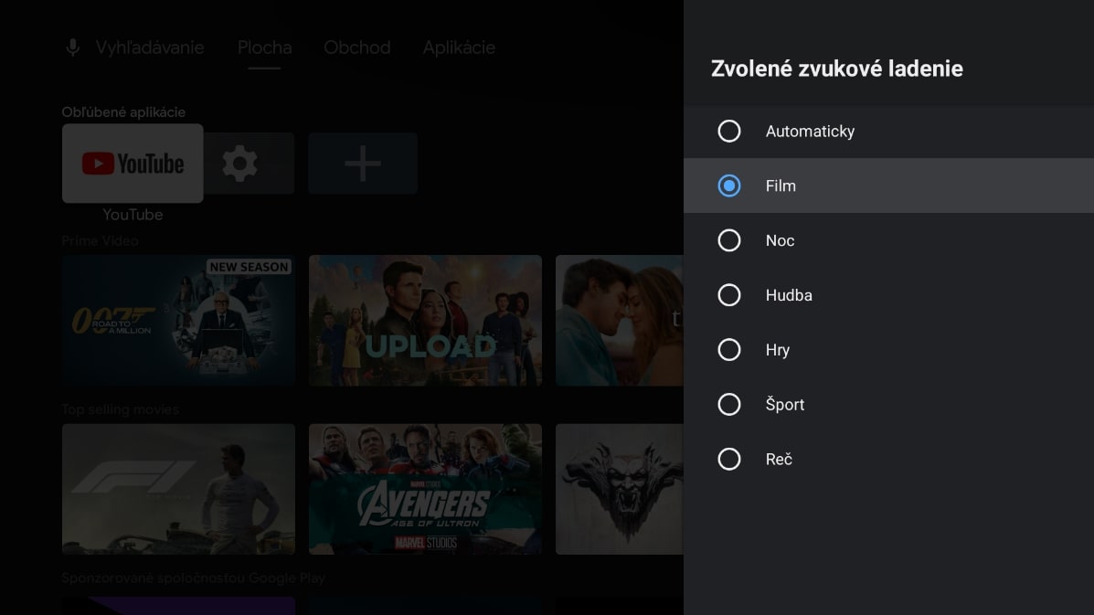 obrazovka s nastavením zvukového ladenia