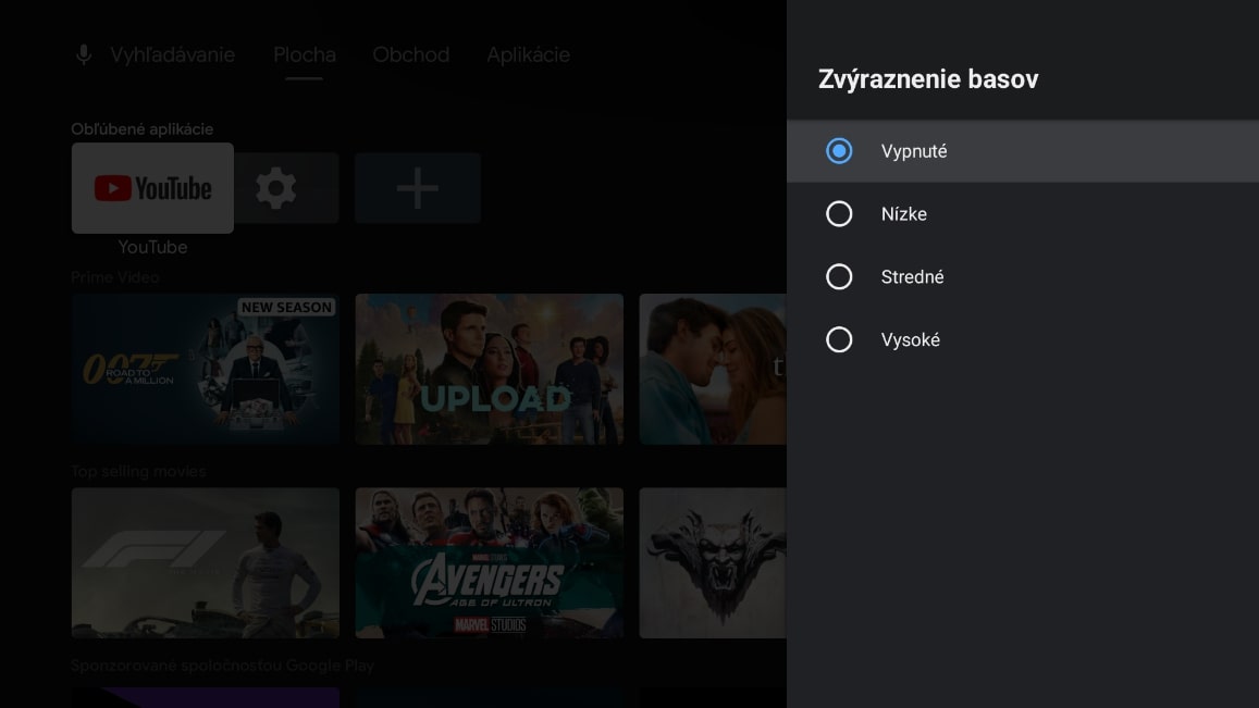 obrazovka s nastavením zvýraznenia basov