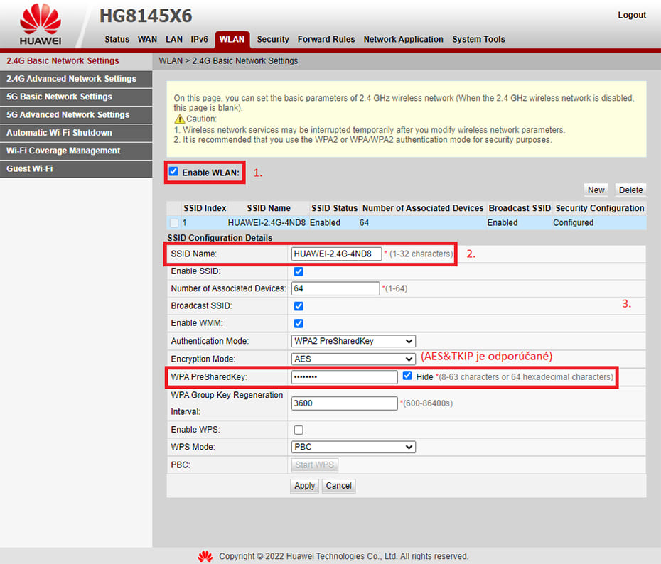 konfiguračné menu zariadenia