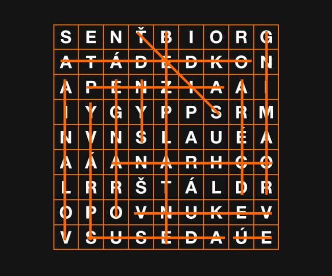 osemsmerovka so zvýraznenými slovami na tmavom pozadí