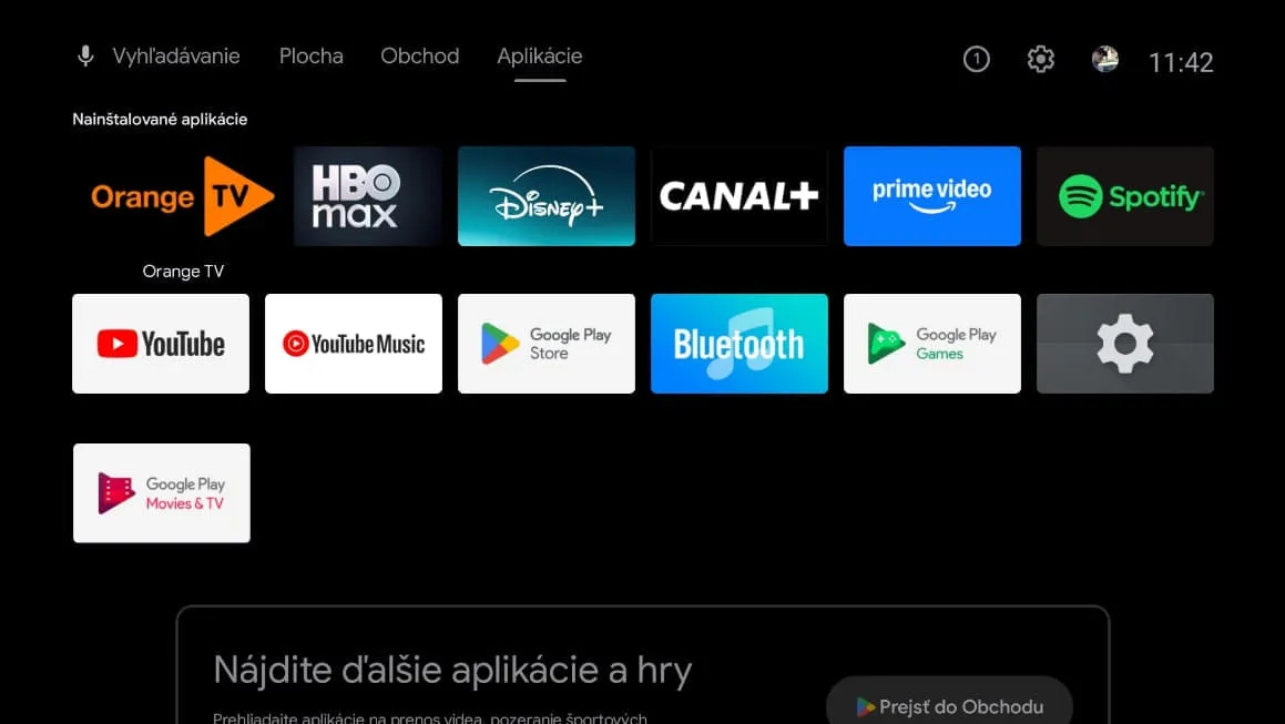 obrazovka nainštalovaných aplikácií set-top boxu