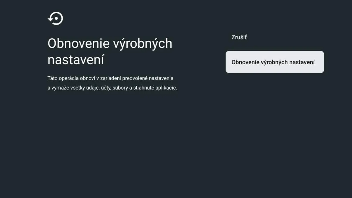 obrazovka s obnovením výrobných nastavení