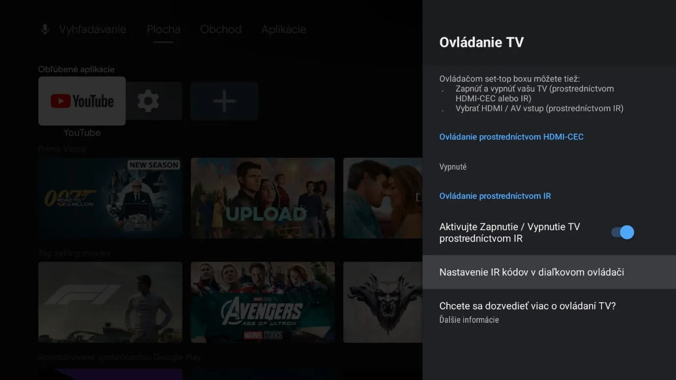 obrazovka s nastavením televízneho ovládača