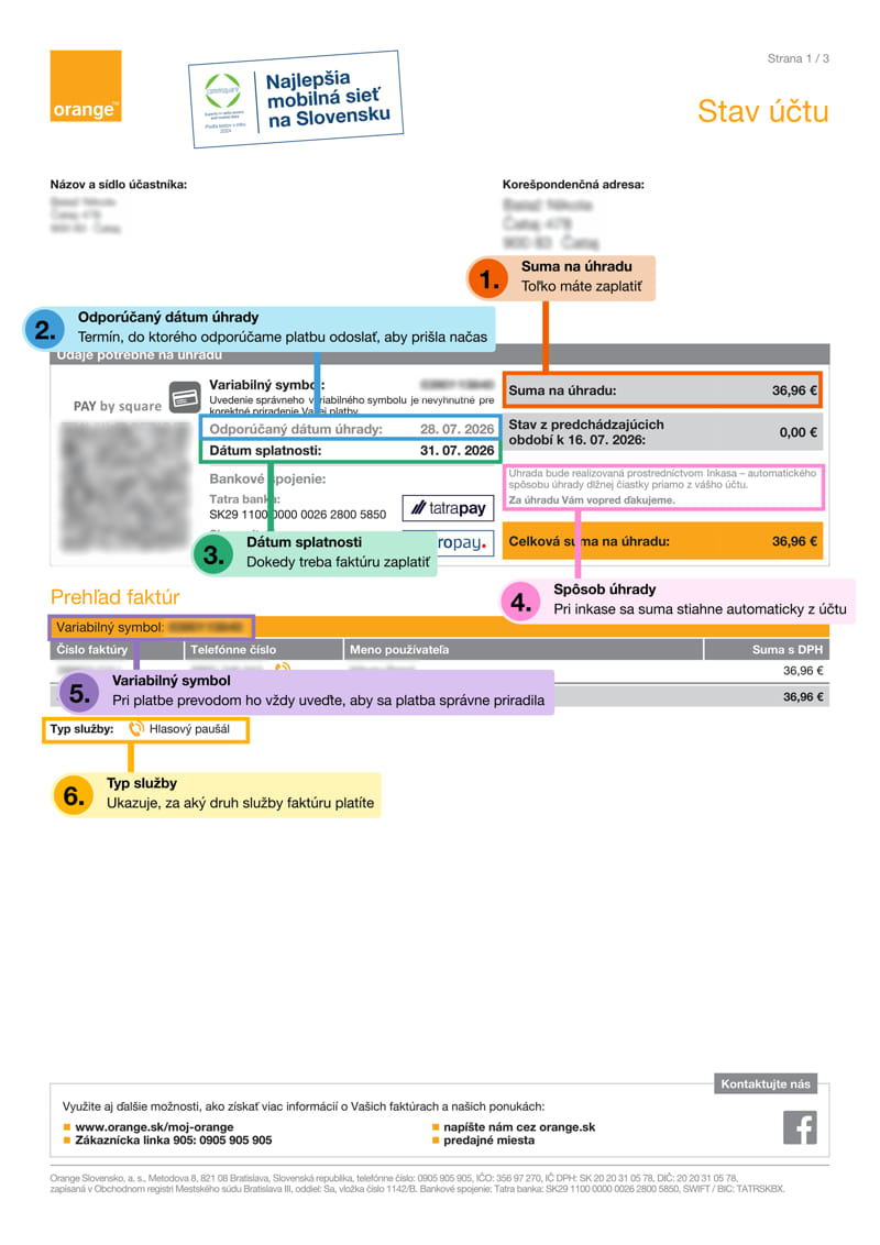 Vzorová faktúra Orange s vysvetlivkami, strana 1 z 3