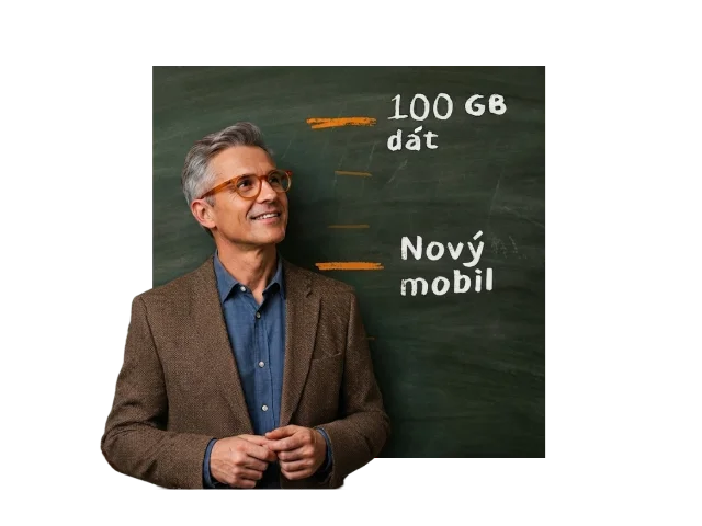 učiteľ pred tabuľou s nápisom 100 GB dát a Nový mobil