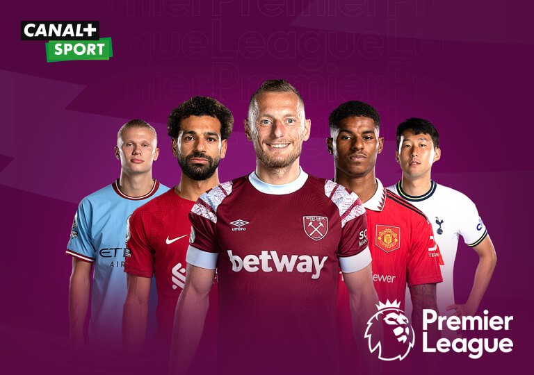 piati futbaloví hráči s logom Premier League a Canal+ Sport
